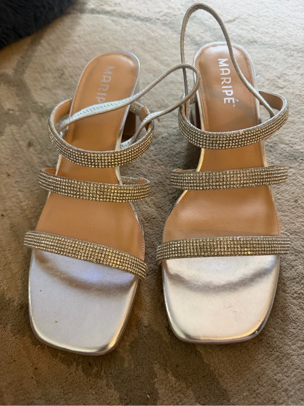 Maripe Metallic Silver Rhinestone Strap Heels